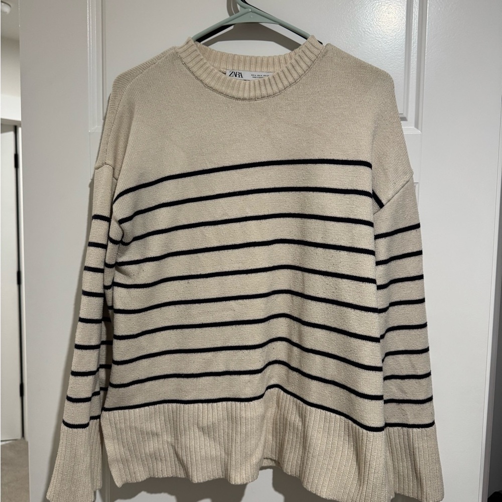 Zara Women's Sweater in Cream with Black Stripes